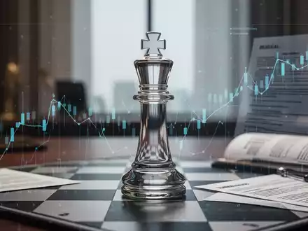 Ein stilisierter gläserner Schachkönig auf einem Schachbrett, umgeben von Finanzgrafiken und juristischen Dokumenten in einem Büro. - Foto: über boerse-global.de