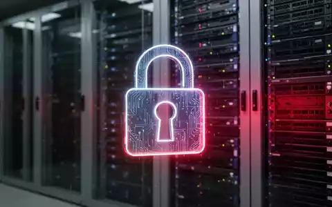 Ein stilisiertes, leuchtendes digitales Schloss-Symbol vor dem verschwommenen Hintergrund von Facebook-Serverracks. - Foto: über boerse-global.de