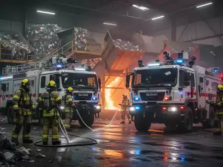 Feuerwehrleute in Schutzausrüstung trainieren mit einem spezialisierten CBRN-Erkundungsfahrzeug in einer Industrieanlage. - Foto: über boerse-global.de