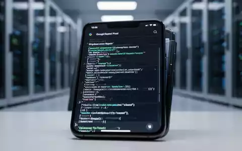 Nahaufnahme eines Smartphone-Bildschirms mit komplexem Code, der eine Systemreparatur darstellt, im Hintergrund ein unscharfes Rechenzentrum. - Foto: über boerse-global.de