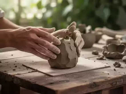 Hände formen lufttrocknende Modelliermasse auf einem Holztisch, im Hintergrund sanftes Grün. Fokus auf den kreativen Prozess. - Foto: über boerse-global.de