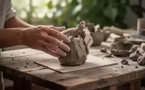 Hände formen lufttrocknende Modelliermasse auf einem Holztisch, im Hintergrund sanftes Grün. Fokus auf den kreativen Prozess. - Foto: über boerse-global.de