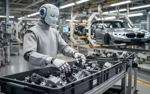 Humanoid Roboter Figure 03 sortiert Fahrzeugteile in BMW-Werk, zeigt moderne Fabrikautomation. - Foto: über boerse-global.de