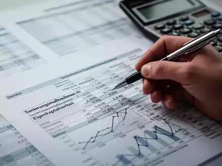Eine Hand, die einen Stift hält, zeigt auf eine Finanzaufstellung mit Zahlen und Diagrammen, die sich auf Sanierungsmaßnahmen beziehen. - Foto: über boerse-global.de