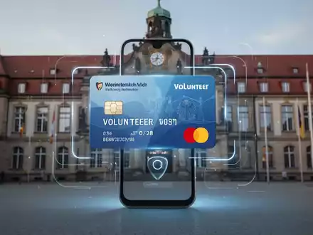 Ein Smartphone zeigt eine digitale Ehrenamtskarte mit leicht unscharfem Hintergrund eines deutschen Rathauses. - Foto: über boerse-global.de