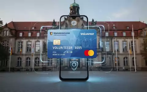 Ein Smartphone zeigt eine digitale Ehrenamtskarte mit leicht unscharfem Hintergrund eines deutschen Rathauses. - Foto: über boerse-global.de