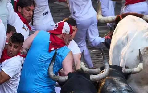 Auf Tuchfühlung mit dem Tod: Die spitzen und langen Hörner der Kampfstiere können den Läufern bei den Stierhatzen während des ebenso berühmten wie umstrittenen San-Fermín-Festes im nordspanischen Pamplona lebensgefährliche Verletzungen zufügen. - Foto: Miguel Oses/AP/dpa