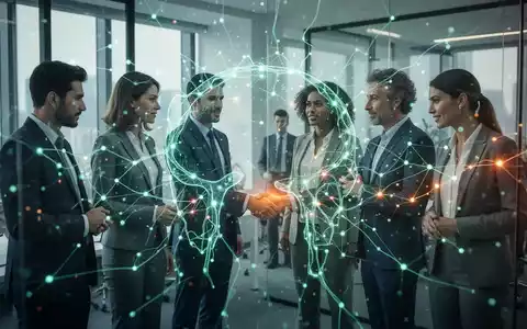 Ein abstraktes, leuchtendes neuronales Netzwerk überlagert eine Gruppe von Fachleuten in einem modernen Büro, das die Integration von KI in HR darstellt. - Foto: über boerse-global.de