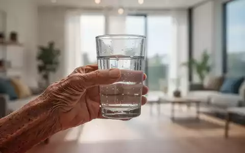 Eine ältere Hand hält ein Glas Wasser, während im Hintergrund ein kühler, komfortabler Raum zu sehen ist, der auf Hitzevorsorge hinweist. - Foto: über boerse-global.de