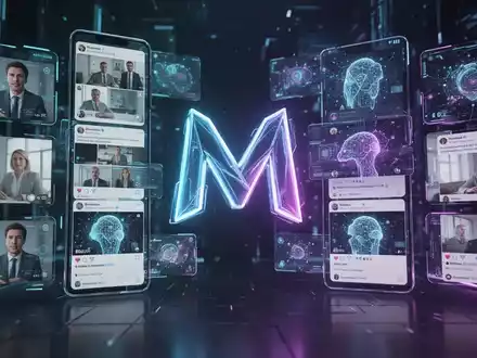 Leuchtendes 'M'-Logo in futuristischem Interface, umgeben von KI-Bildern auf Bildschirmen. - Foto: über boerse-global.de