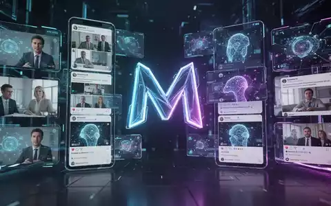 Leuchtendes 'M'-Logo in futuristischem Interface, umgeben von KI-Bildern auf Bildschirmen. - Foto: über boerse-global.de