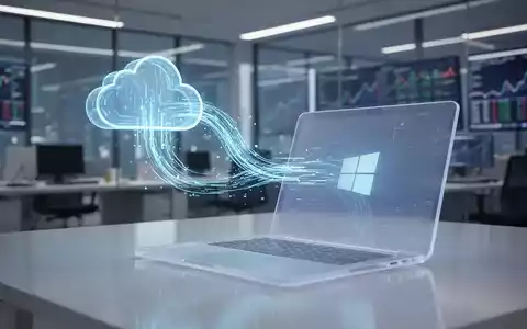 Ein futuristischer, blauer Datenstrom fließt von einem Wolkensymbol in einen Laptop mit Windows-Logo, in einem High-Tech-Büro. - Foto: über boerse-global.de