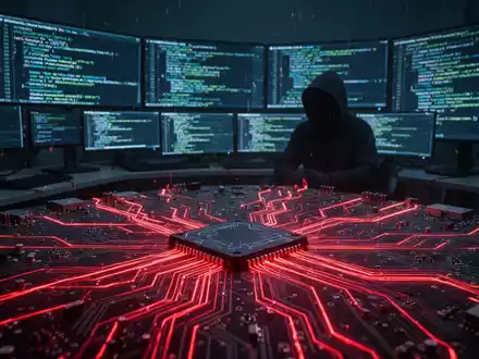Nahaufnahme einer Computerplatine mit roten Lichtern und Symbolen, die eine digitale Bedrohung und Datendiebstahl darstellen. - Foto: über boerse-global.de
