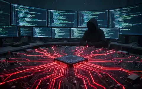 Nahaufnahme einer Computerplatine mit roten Lichtern und Symbolen, die eine digitale Bedrohung und Datendiebstahl darstellen. - Foto: über boerse-global.de