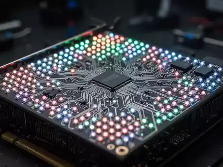 Nahaufnahme einer selbstgebauten Platine mit tausenden kleinen, leuchtenden RGB-LEDs, die eine DIY-GPU darstellt. - Foto: über boerse-global.de