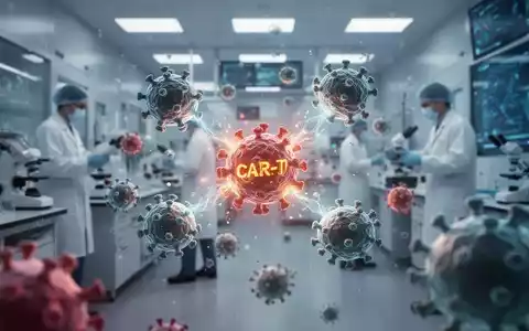 Nahaufnahme von CAR-T-Zellen, die Krebszellen angreifen, mit einem unscharfen Labor im Hintergrund. Symbolisiert Fortschritt in der Zelltherapie. - Foto: über boerse-global.de