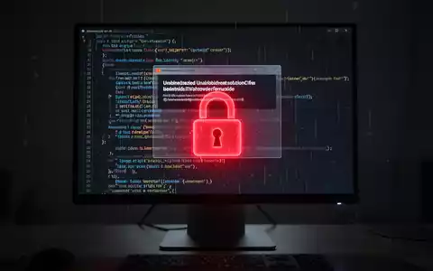 Monitor zeigt Code und Werbe-Pop-up mit rotem Schloss-Symbol für unbefugten Zugriff. - Foto: über boerse-global.de