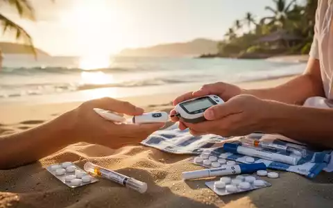 Eine Person mit Diabetes überprüft ihren Blutzuckerspiegel an einem sonnigen Strand, mit Insulinpens und Glukosetabletten in der Nähe. - Foto: über boerse-global.de