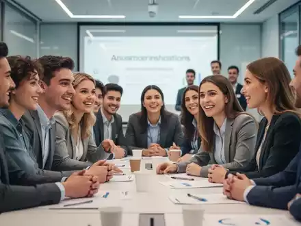 Junge Erwachsene nehmen an einem Azubi-Speed-Dating teil, sprechen mit Unternehmensvertretern in einem modernen Konferenzraum. - Foto: über boerse-global.de