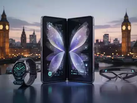Nahaufnahme von drei Samsung Galaxy Geräten: ein aufgefaltetes Foldable, ein zugeklapptes Flip-Handy und eine Smartwatch, mit AR-Brille im Hintergrund vor einer unscharfen Skyline. - Foto: über boerse-global.de