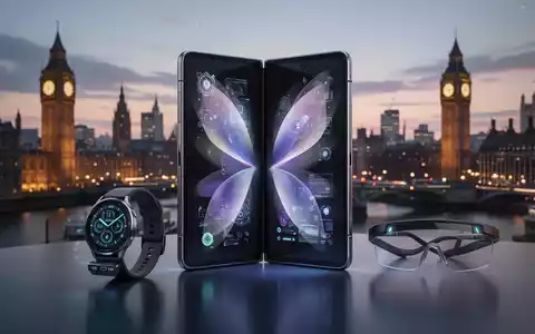 Nahaufnahme von drei Samsung Galaxy Geräten: ein aufgefaltetes Foldable, ein zugeklapptes Flip-Handy und eine Smartwatch, mit AR-Brille im Hintergrund vor einer unscharfen Skyline. - Foto: über boerse-global.de