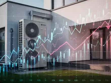 Eine Wärmepumpe an einem modernen Haus, überlagert mit fallenden Finanzdiagrammen, symbolisiert Förderkürzungen und Energiewende. - Foto: über boerse-global.de