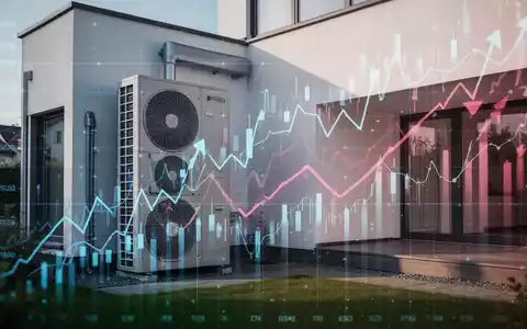 Eine Wärmepumpe an einem modernen Haus, überlagert mit fallenden Finanzdiagrammen, symbolisiert Förderkürzungen und Energiewende. - Foto: über boerse-global.de