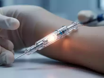 Ein futuristisches, miniaturisiertes medizinisches Implantat mit sanftem Leuchten, das neben einem menschlichen Arm platziert ist. - Foto: über boerse-global.de