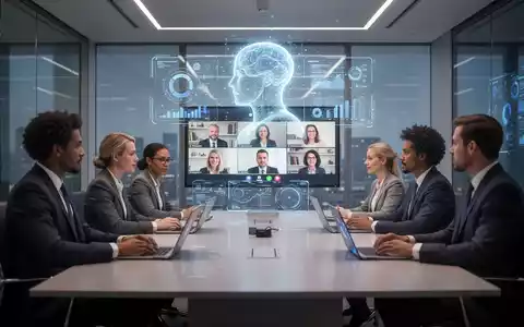Fachleute in einem Besprechungsraum mit holografischer KI-Oberfläche, die KI-Integration in Microsoft Teams Meetings symbolisiert. - Foto: über boerse-global.de