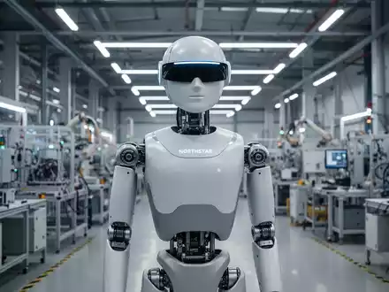 Ein humanoider Roboter namens Northstar mit neutralem Visier und weicher Hülle in einer modernen Fertigungsanlage. - Foto: über boerse-global.de