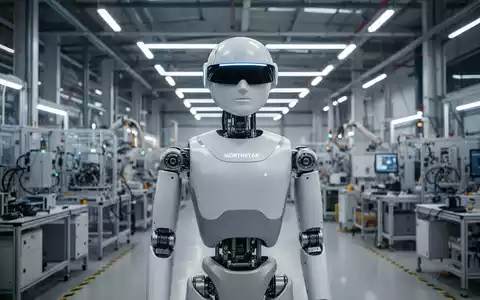 Ein humanoider Roboter namens Northstar mit neutralem Visier und weicher HĂŒlle in einer modernen Fertigungsanlage. - Foto: ĂŒber boerse-global.de