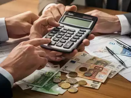 Hände halten einen Taschenrechner über Euro-Geldscheinen und Münzen auf einem Schreibtisch, um finanzielle Reformen zu symbolisieren. - Foto: über boerse-global.de