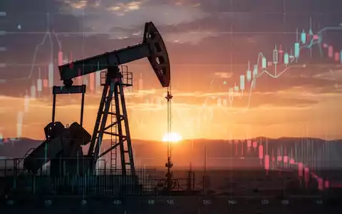 Ölbohrturm vor Sonnenuntergang mit fallenden Börsenkursen, die den Einfluss von Nahost auf den Ölpreis und Aktienmarkt symbolisieren. - Foto: über boerse-global.de