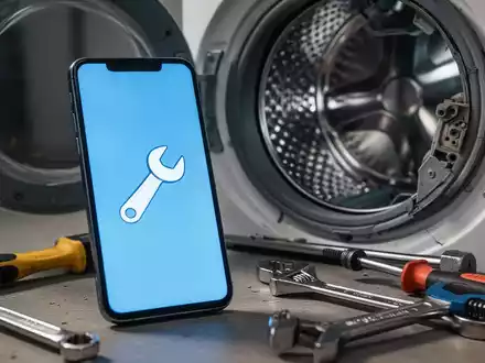 Nahaufnahme eines Smartphone-Bildschirms mit einem Schraubenschlüssel-Symbol, daneben eine zerlegte Waschmaschine und Werkzeuge. - Foto: über boerse-global.de