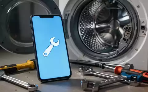 Nahaufnahme eines Smartphone-Bildschirms mit einem Schraubenschlüssel-Symbol, daneben eine zerlegte Waschmaschine und Werkzeuge. - Foto: über boerse-global.de