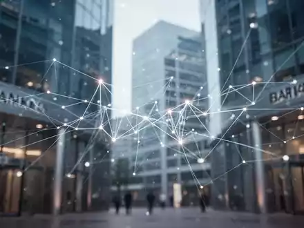 Abstrakte Darstellung eines Netzwerks aus leuchtenden digitalen Linien und Knoten, die Finanztransaktionen vor moderner Bankenarchitektur symbolisieren. - Foto: über boerse-global.de