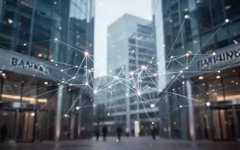 Abstrakte Darstellung eines Netzwerks aus leuchtenden digitalen Linien und Knoten, die Finanztransaktionen vor moderner Bankenarchitektur symbolisieren. - Foto: über boerse-global.de