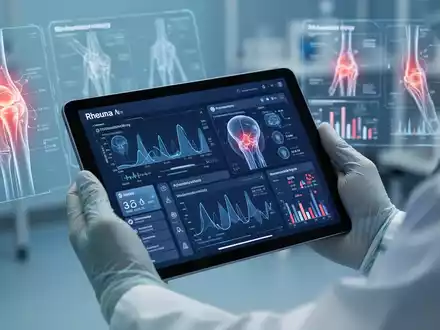 Hände halten ein digitales Tablet mit einer Gesundheits-App, im Hintergrund sind schemenhaft medizinische Diagramme zu sehen, die Forschung und Technologie in der Medizin symbolisieren. - Foto: über boerse-global.de