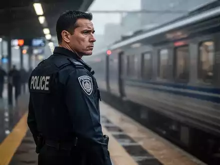 Ein Bundespolizist in Uniform steht auf einem Bahnsteig, blickt auf einen Zug. Die Szene vermittelt Dringlichkeit und Ernsthaftigkeit. - Foto: über boerse-global.de