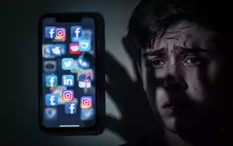 Eine bedrohliche Smartphone-Silhouette mit verzerrten Social-Media-Symbolen wirft einen langen Schatten auf ein jugendliches Gesicht. - Foto: über boerse-global.de