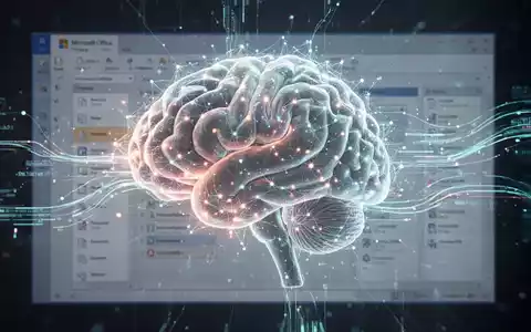 Leuchtendes neuronales Netz-Gehirn über subtiler Microsoft-Office-Oberfläche, Datenströme verbinden sie, symbolisiert KI-Integration. - Foto: über boerse-global.de