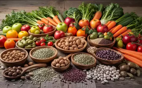 Eine vielfältige Ansammlung frischer, pflanzlicher Lebensmittel wie Obst, Gemüse und Nüsse, die auf einem Holztisch angerichtet sind. - Foto: über boerse-global.de