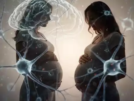 Eine Silhouette einer schwangeren Frau, die ihren Bauch berührt, mit stilisierten neuronalen Bahnen im Vordergrund. - Foto: über boerse-global.de