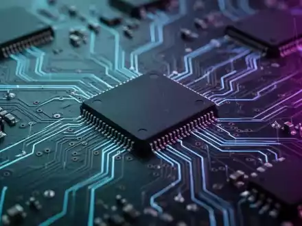 Nahaufnahme von miteinander verbundenen Mikrochips und Leiterbahnen in kühlem Blau und Lila, die die Halbleiterindustrie symbolisieren. - Foto: über boerse-global.de