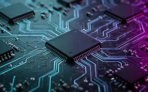 Nahaufnahme von miteinander verbundenen Mikrochips und Leiterbahnen in kühlem Blau und Lila, die die Halbleiterindustrie symbolisieren. - Foto: über boerse-global.de