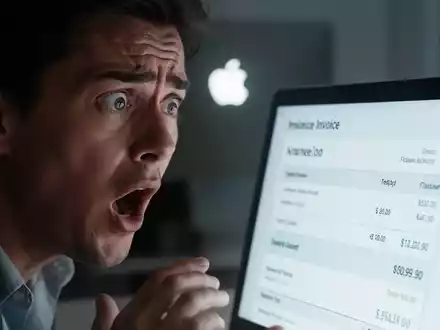 Eine schockierte Person blickt auf eine digitale Rechnung mit einem hohen Betrag, im Hintergrund ein unscharfes Apple-Logo. - Foto: über boerse-global.de