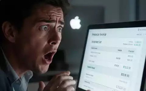 Eine schockierte Person blickt auf eine digitale Rechnung mit einem hohen Betrag, im Hintergrund ein unscharfes Apple-Logo. - Foto: über boerse-global.de