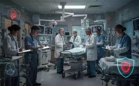 Eine Notaufnahme in einem modernen Krankenhaus bei Nacht, leicht entsättigt, mit subtilen digitalen Überlagerungen, die Datenflüsse und Cyberbedrohungen darstellen. - Foto: über boerse-global.de