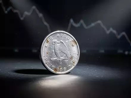 Eine einzelne, leicht angelaufene Silbermünze liegt auf einer dunklen Oberfläche, im Hintergrund ein angedeuteter Abwärtstrend. - Foto: über boerse-global.de