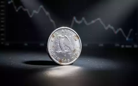 Eine einzelne, leicht angelaufene Silbermünze liegt auf einer dunklen Oberfläche, im Hintergrund ein angedeuteter Abwärtstrend. - Foto: über boerse-global.de